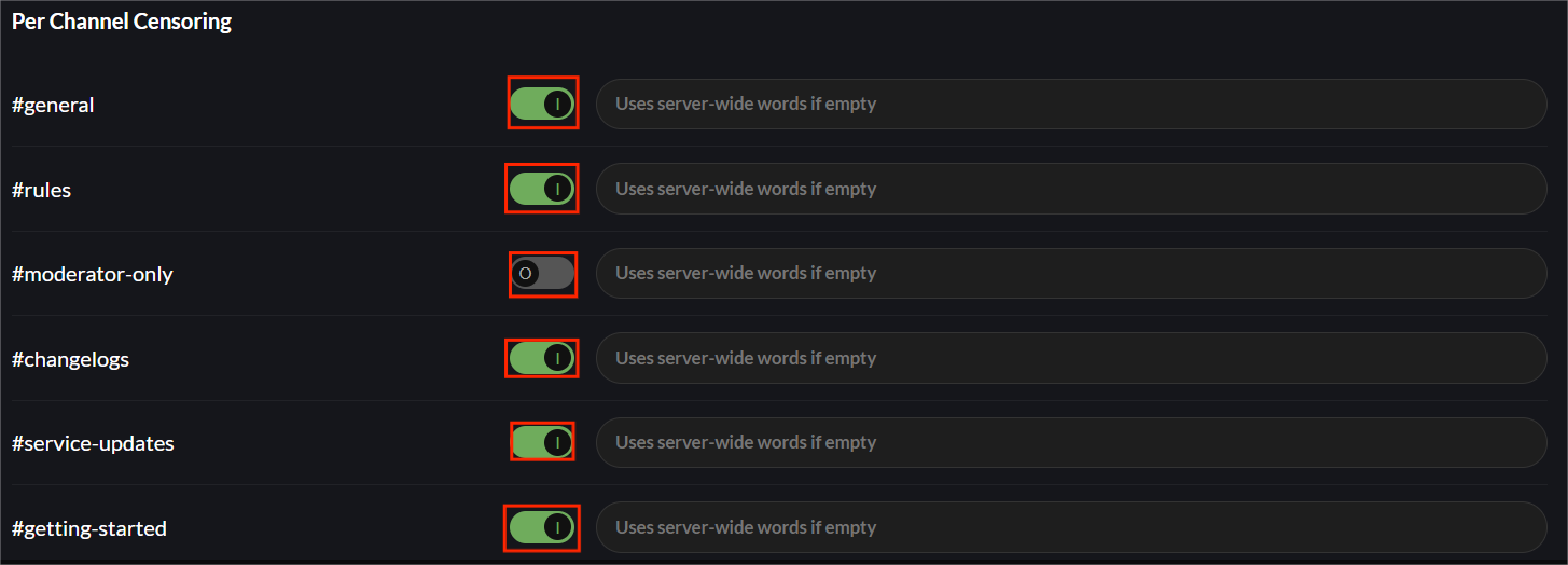 Toggling censoring in specific channels